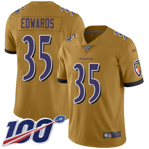 Baltimore Ravens Limited Gold Men Gus Edwards Jersey NFL Football #35 100th Season Inverted Legend->women nfl jersey->Women Jersey